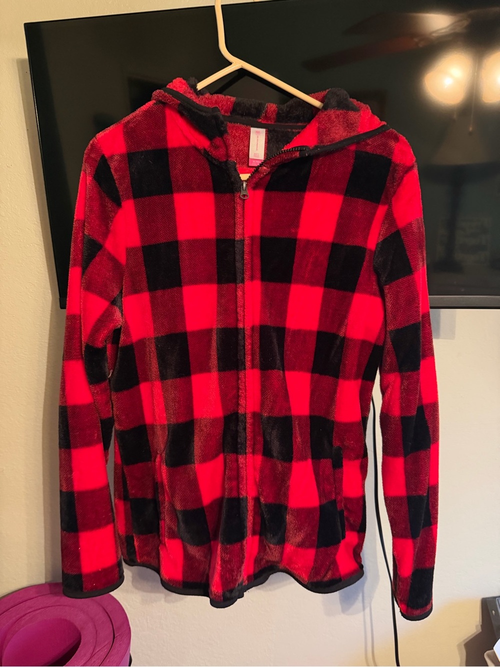 No Boundaries Red and Black Buffalo Plaid Hooded Zip Jacket
